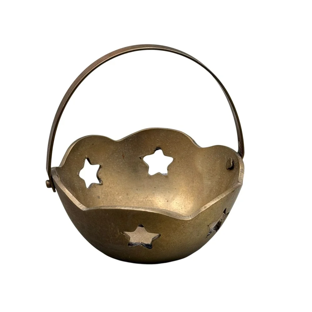 Vintage Brass Mini Basket Scalloped Star Cutout Trinket Dish Made in India